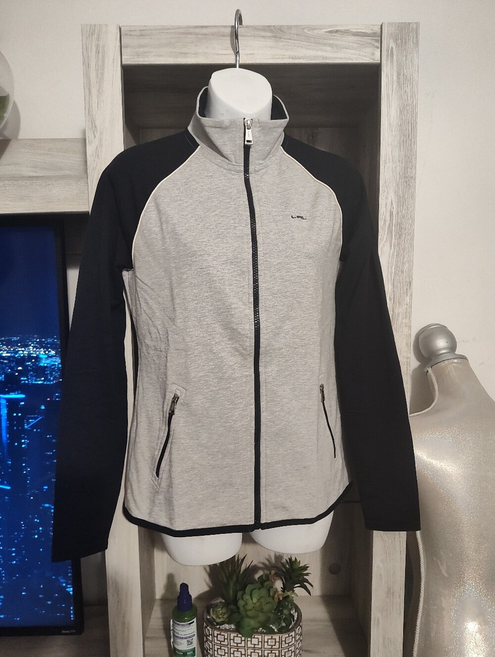 Ralph Lauren Active Light Gray and Black Zip-Up Hoodie Jacket No Size Tag